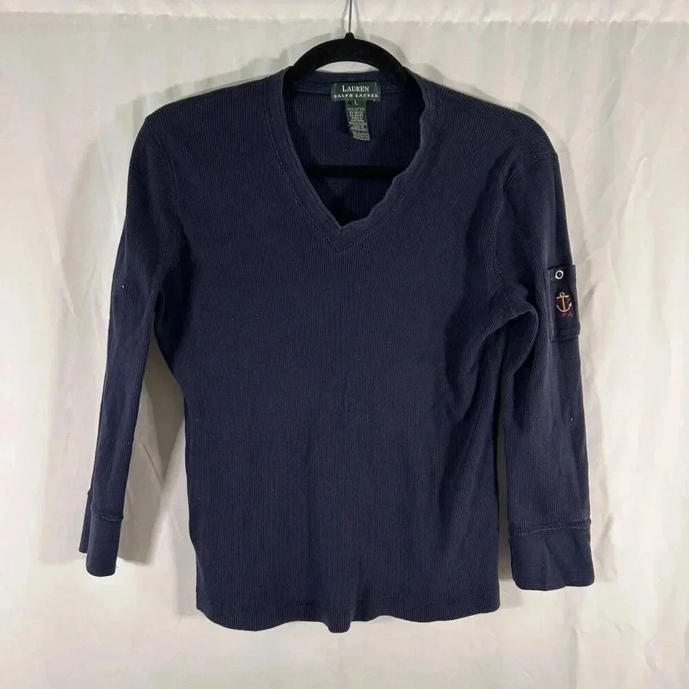 Lauren Ralph Lauren Blouse Women's Large Blue Ribbed Vneck Long Sleeve